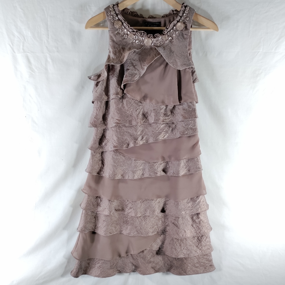 Dressbarn Formal Layered Ruffle Mini Dress Sz 10 Iredescent Beige W Rhinestones